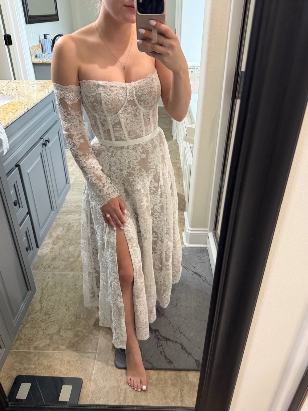 V. Chapman Off-Shoulder Lace Corset Midi Dress in Ivory
